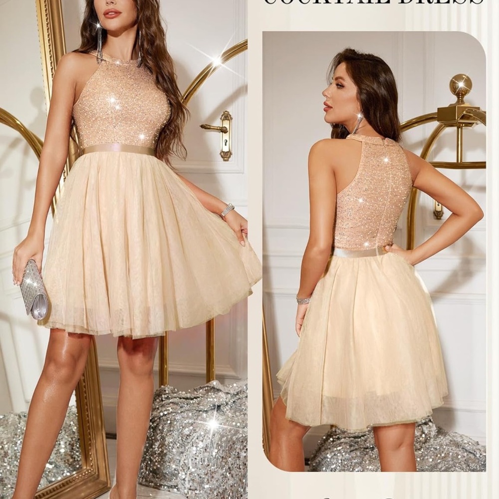 Elegant Sequin Halter Dress in Champagne